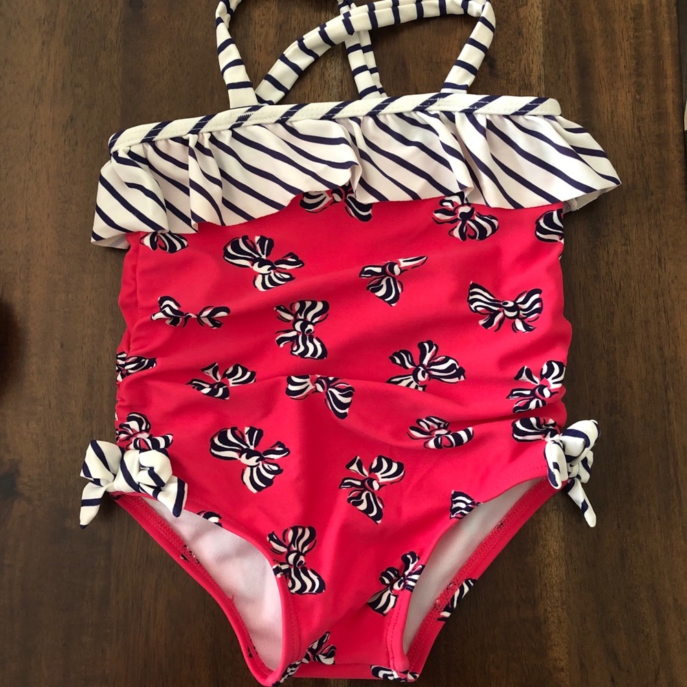 Janie and Jack Pink Bow Print One-Piece Swimsuit with Navy & White Stripes
